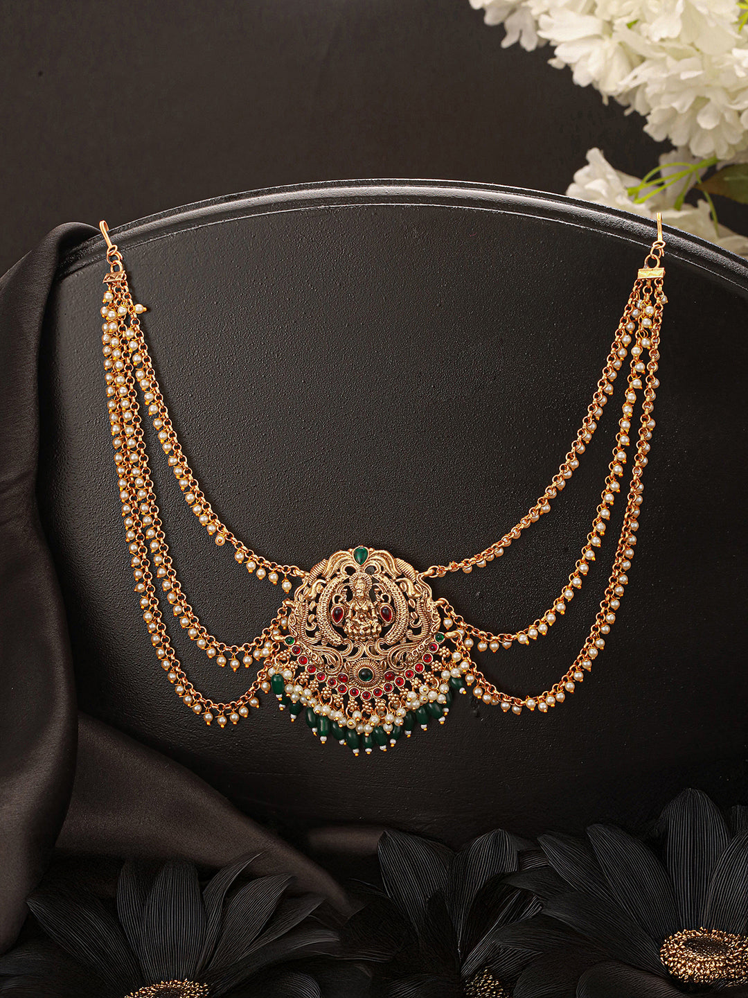 Gold Finish Red  Kempo Studded Goddess Lakshmi  Design Temple Jadai Billa Bridal Hair Braid Matha Patti